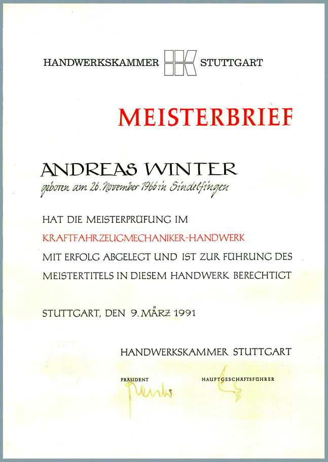 Meisterbrief von KFZ-Meister Andreas Winter